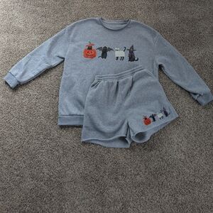 Shein Gray Halloween Cat Sweatshirt and Shorts Set